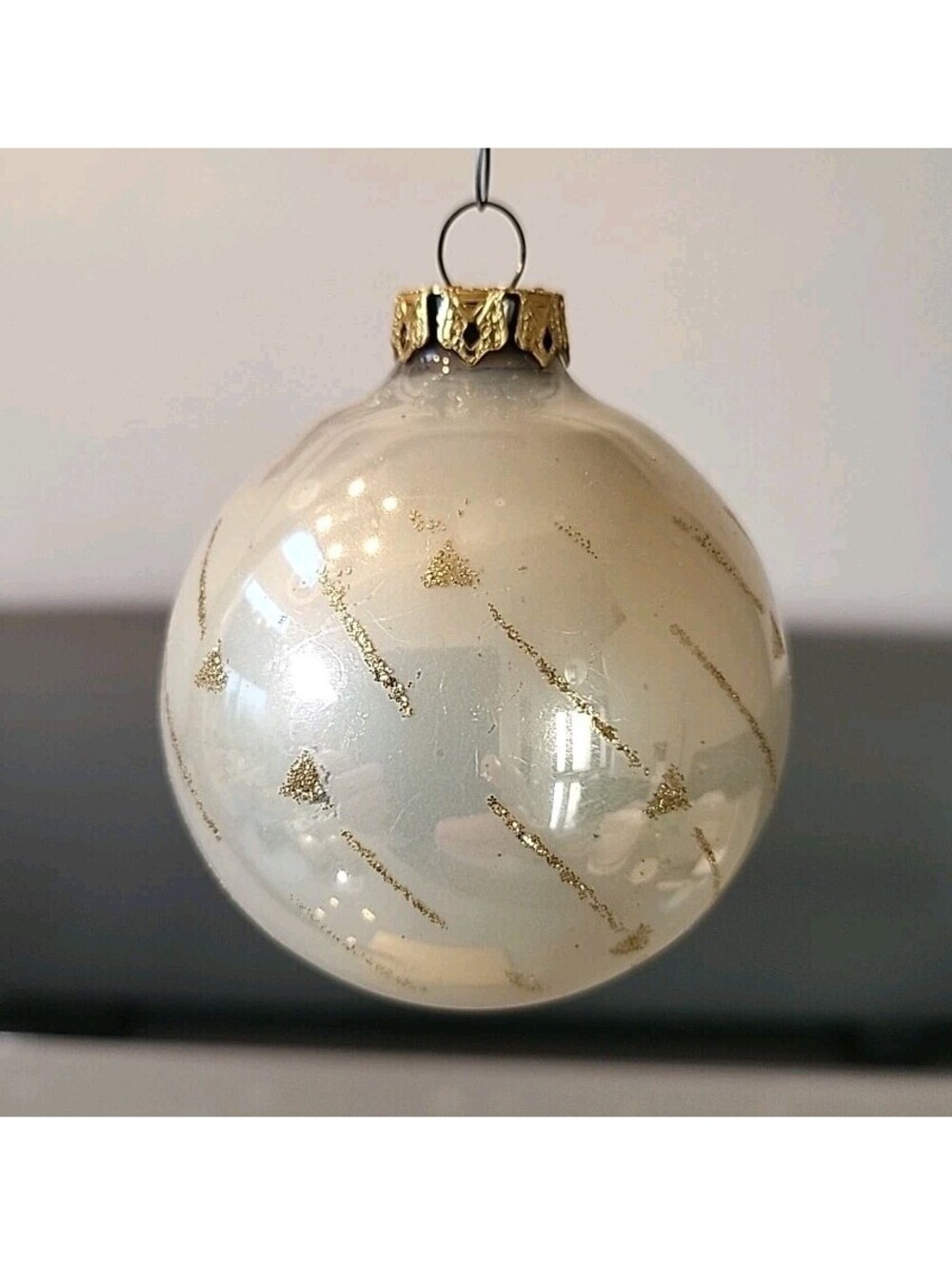 Vintage Mercury Glass Christmas Ornament Round Ball Gold Ivory Hand Painted B3